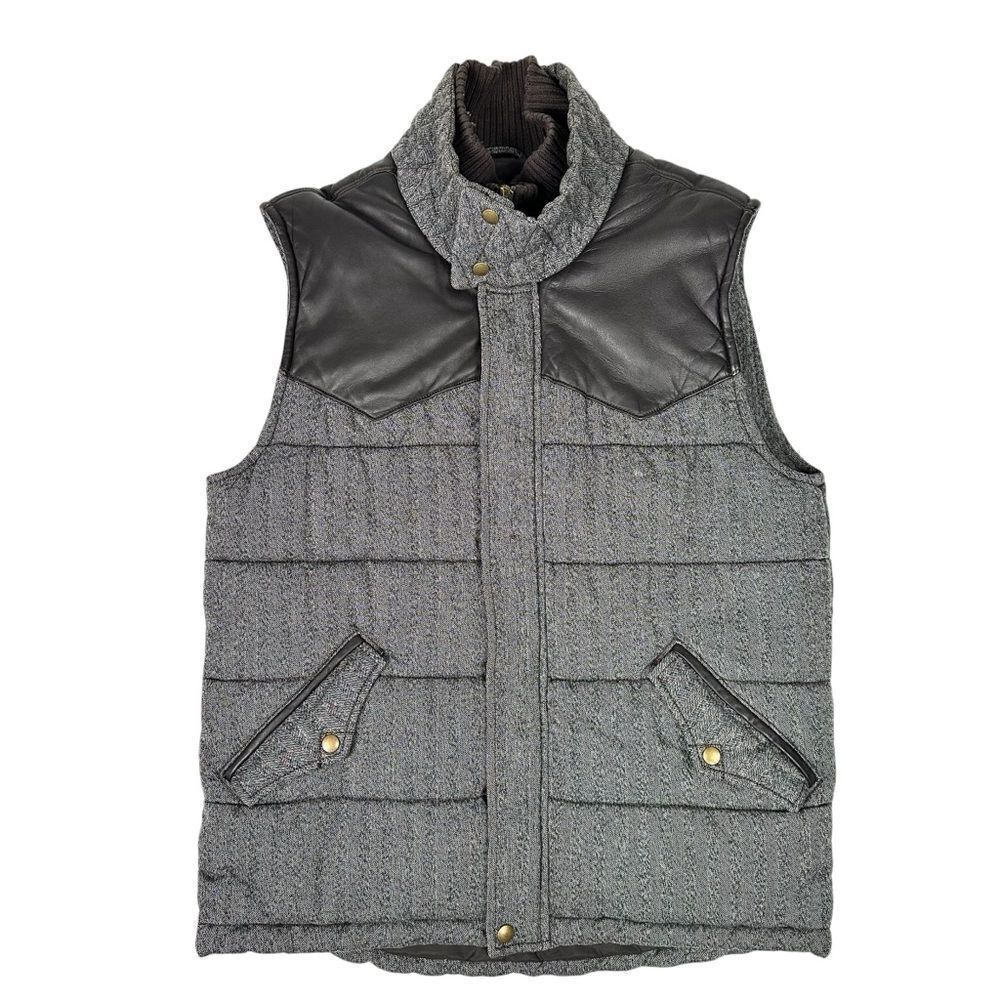 7 For All Mankind Men’s M Puffer Vest Leather Yoke Full Zip Snap Gray Brown